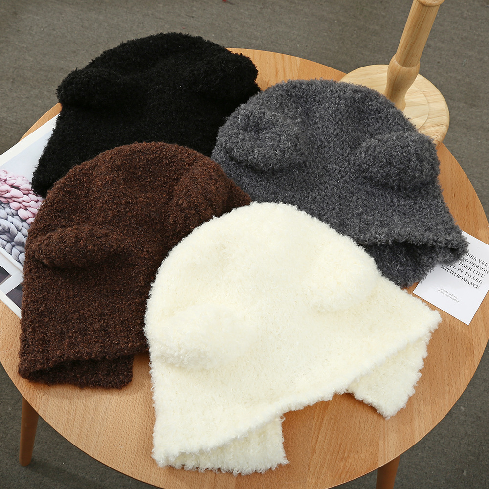 Korean Warm Cute Bear Hat Ins Style Earflaps Woolen Hat Winter Windproof Big Cap Face-Looking Small Knitted Hat