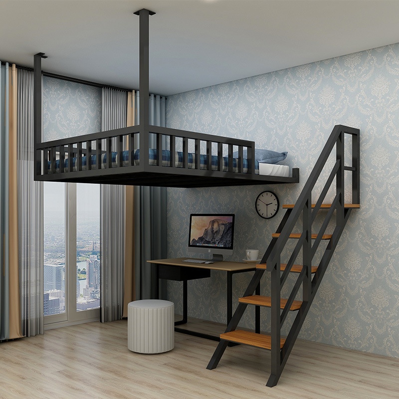 美式复古铁艺高架床家用卧室双层loft铁架床单身公寓阁楼悬挂铁床