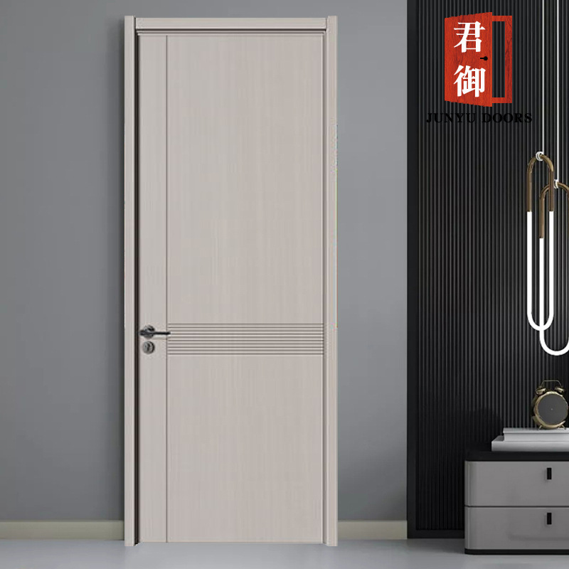 灰色mdf密度板实木复合免漆生态木门金色线条静音门锁卧室平开门