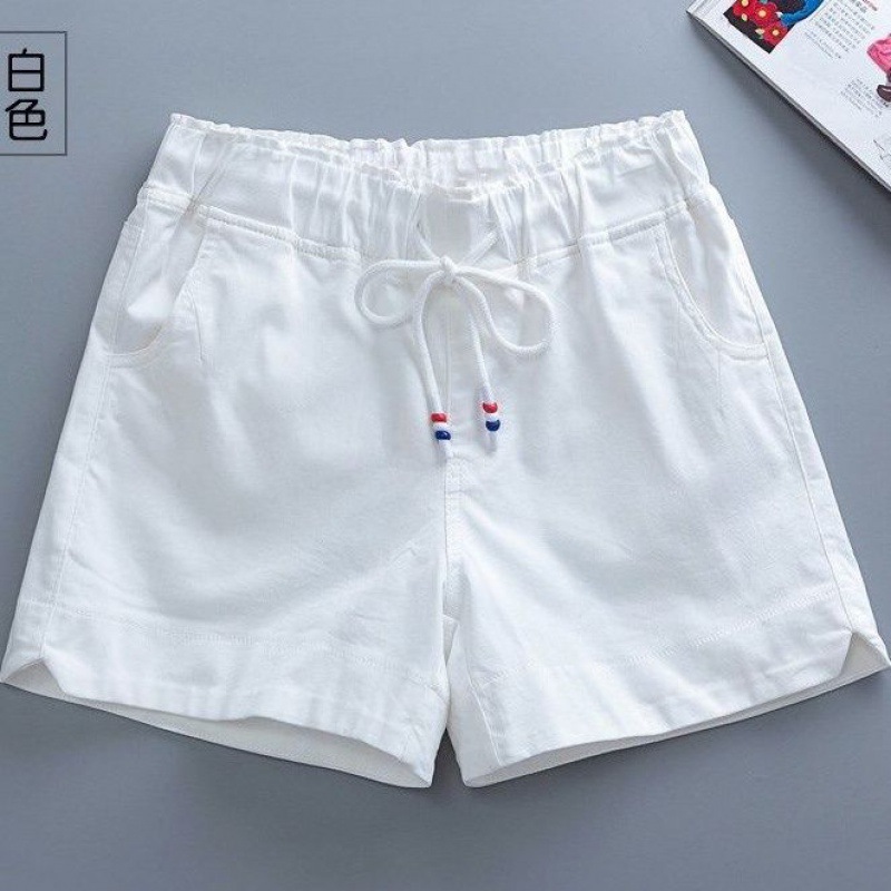 纯棉弹力白色牛仔短裤女夏学生高腰棉松紧腰韩版大码宽松阔腿休闲