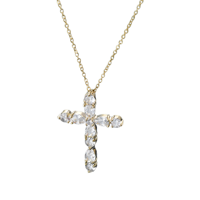 Cross-Border Supply Real Gold Plating Temperament Clavicle Chain Women's High-Grade Zircon Cross Necklace Hot Sale in Europe and America Necklace