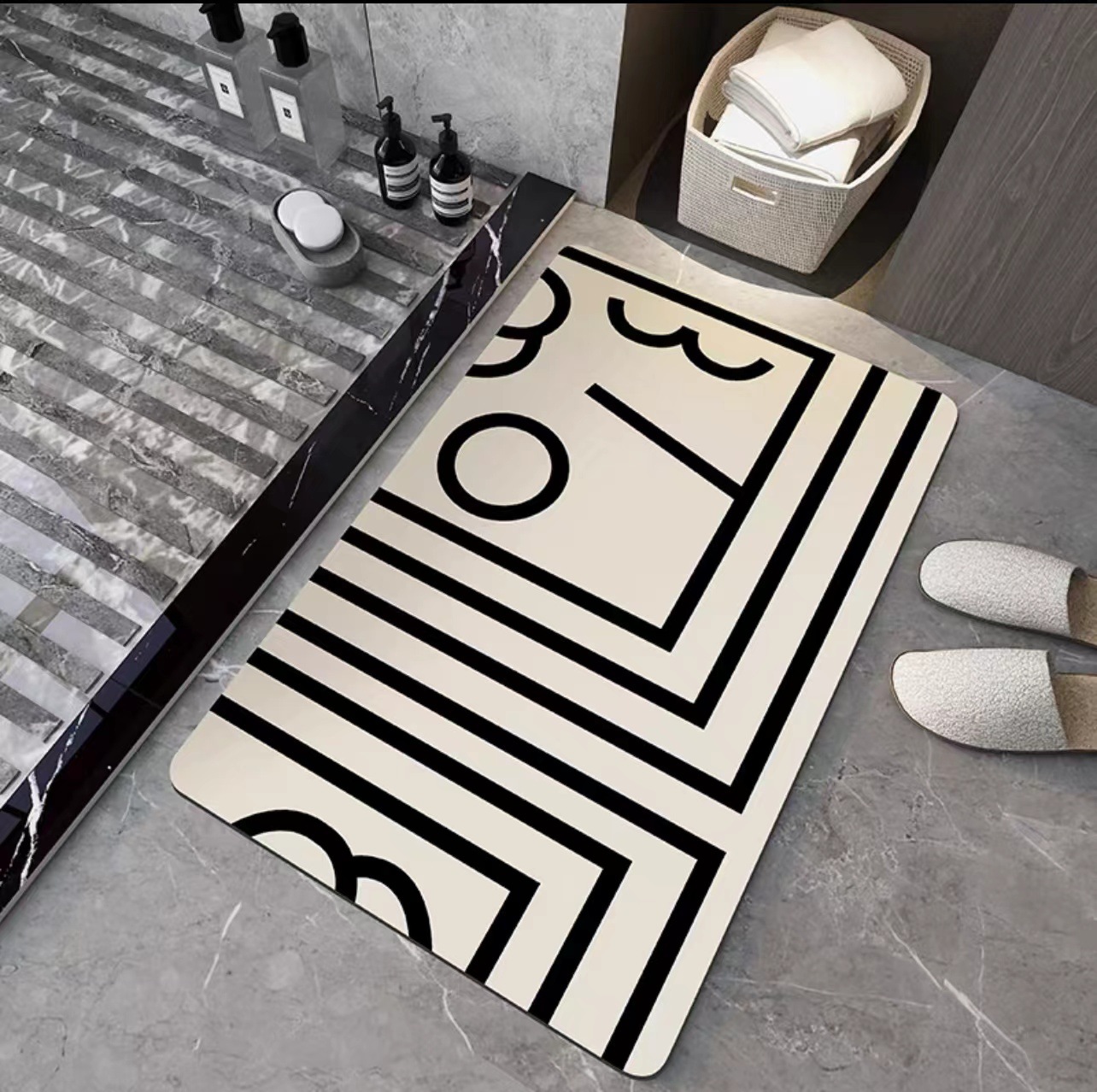 硅藻泥极简风大气黑白浴室吸水防滑地垫家用卫生间门口速干地毯