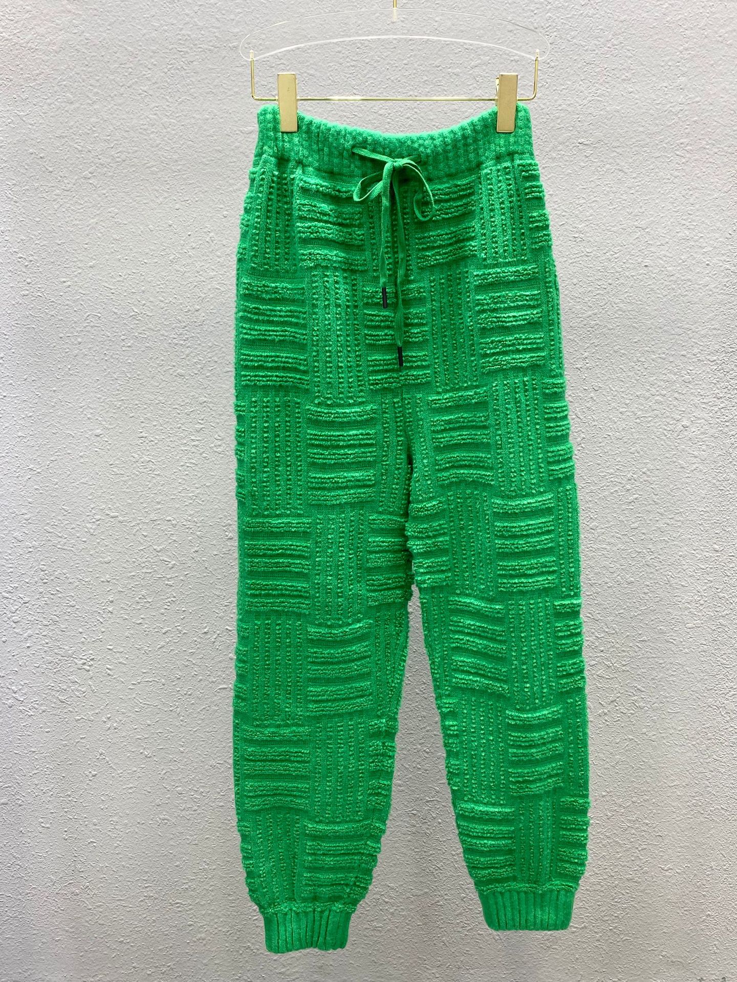 欧洲站21秋季新款洋气松紧腰抽绳毛巾料绿色休闲裤运动裤小脚裤女