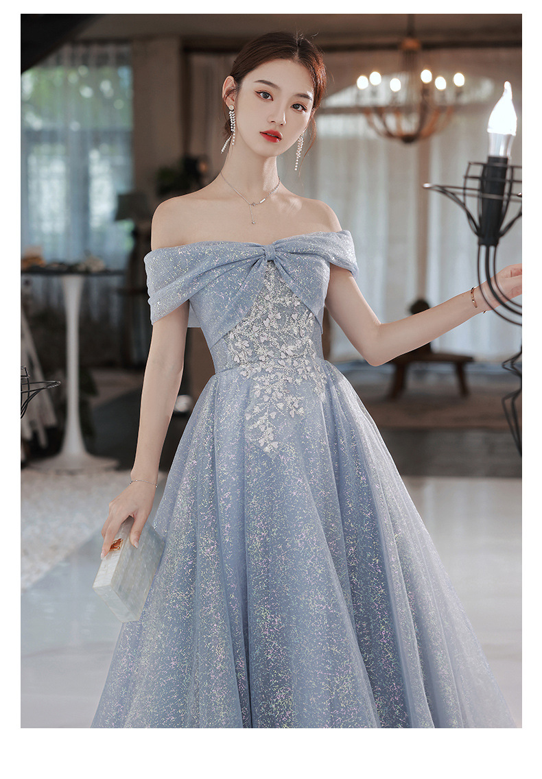 晚礼服裙女宴会2022新款蓝色小众气质年会主持裙声乐艺考连衣裙