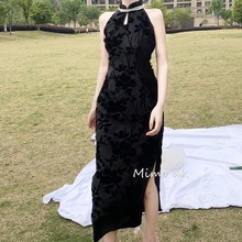 旗袍 黑色珍珠领无袖改良中长款修身连衣裙军风优雅植绒夏季代发
