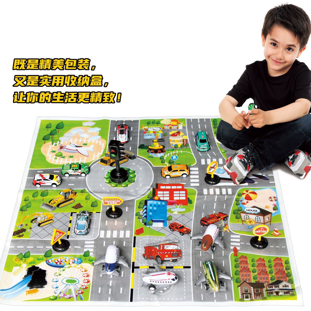 儿童仿真合金回力赛车跑车小汽车模型交通地图路标收纳盒游戏玩具