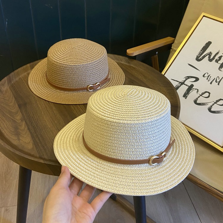 Straw Hat Female Summer Mother and Daughter Parent-Child Hat Travel Sun Protection Sun Hat Flat Top Hat Belt Buckle Handsome Beach Hat New