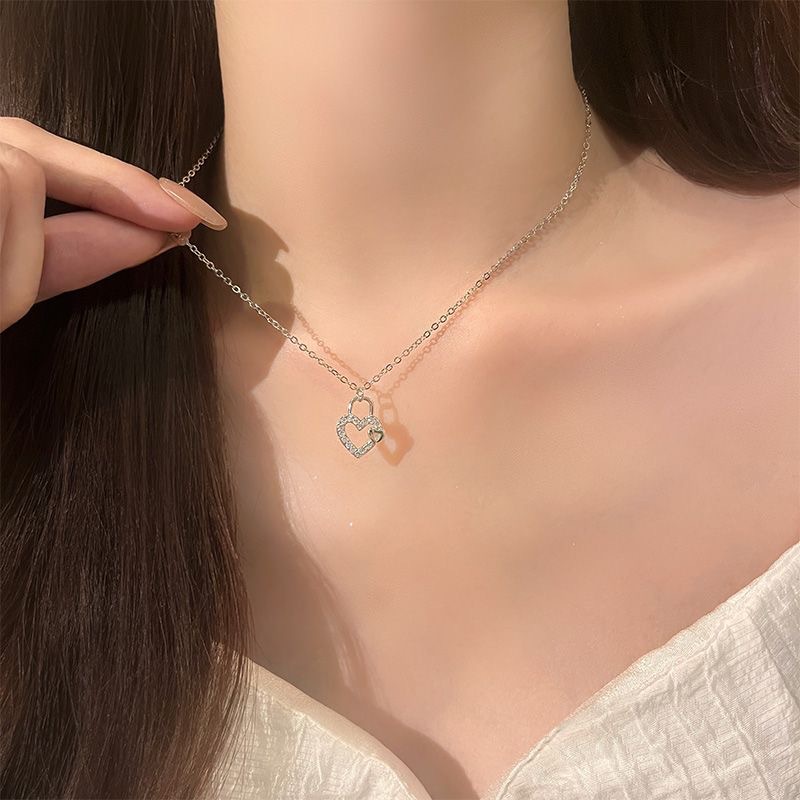 爱心同心锁项链女生纯银轻奢小众高级锁骨链心形不掉色礼物送女友