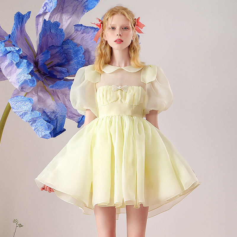 甜美风连衣裙女2023夏减龄泡泡袖可爱公主范俏皮娃娃领蓬蓬裙