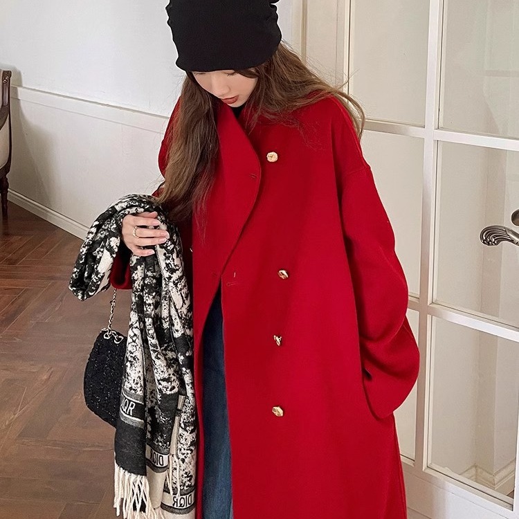 手缝手工双面羊绒大衣女 中长款过膝双排扣立领双面羊毛大衣女