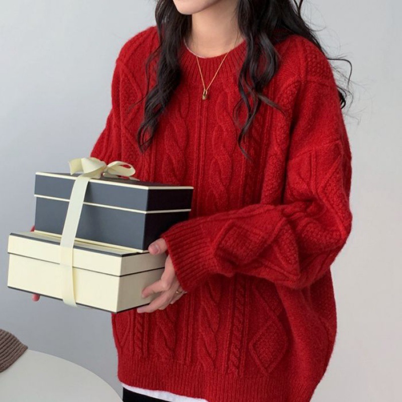 圣诞毛衣女新年红色麻花圆领套头毛衣2023宽松软糯针织衫加厚保暖