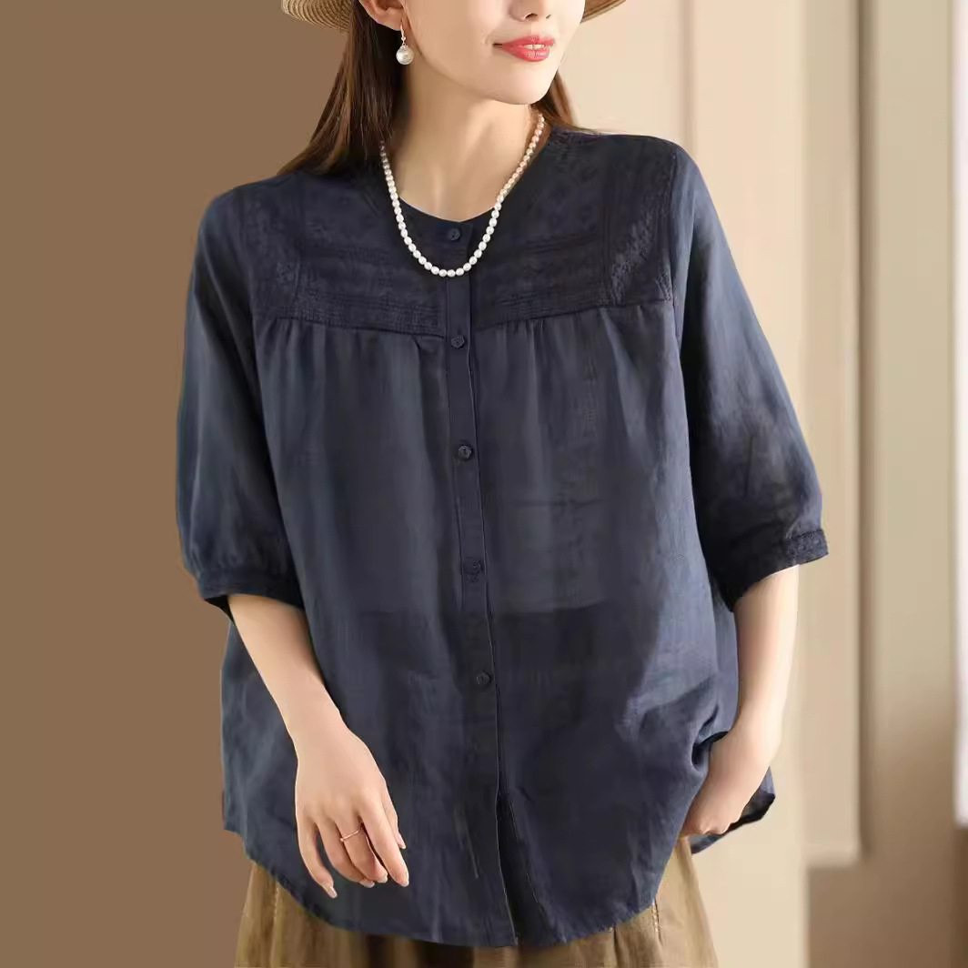 夏季新款 复古刺绣苎麻衬衫女单排扣短袖衬衣文艺绣花上衣8100