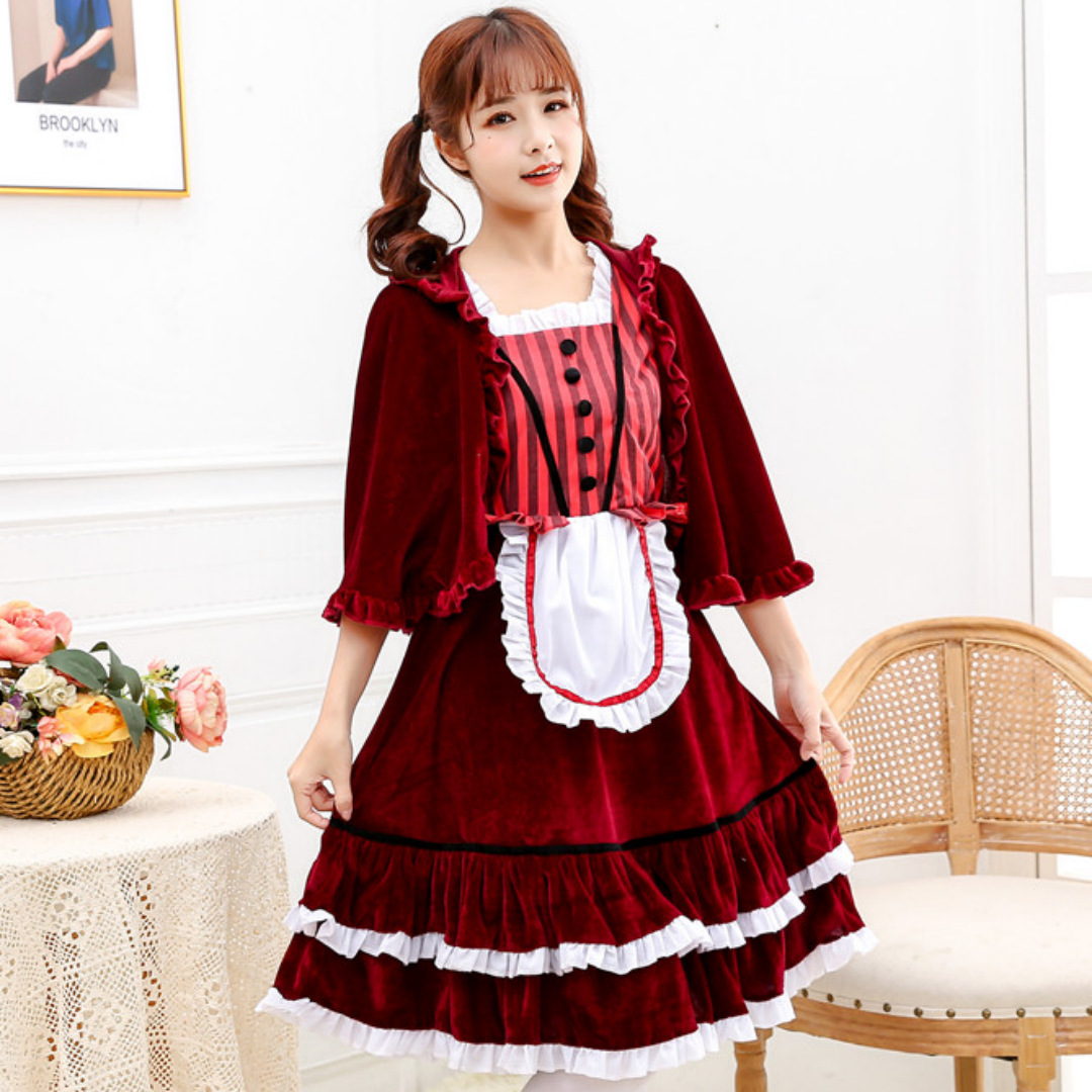万圣节服装 新款话剧小红帽演出费 cosplay酒红色女仆女佣装-阿里巴巴