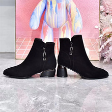 时装靴女靴2023秋冬新款黑色尖头高跟皮靴羊皮水钻侧拉链显瘦短靴