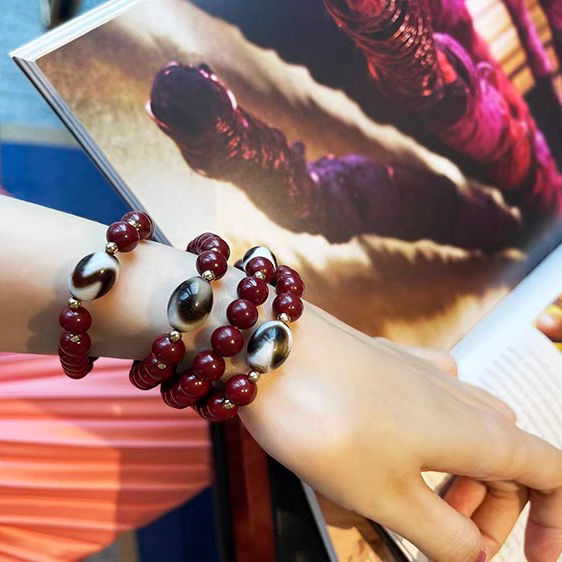 正品回流老虎牙天眼珠与原矿朱砂高含量紫金砂手链招财纳福手串