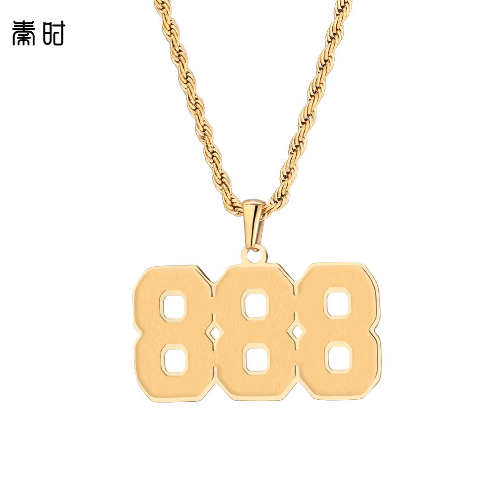 欧美跨境天使数字888街头潮流男款嘻哈双层吊坠钛钢项链简约饰品