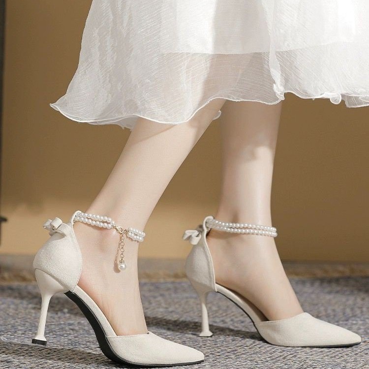 夏季新款法式尖头细跟高跟鞋绒面显瘦仙女风一字带包头珍珠凉鞋女
