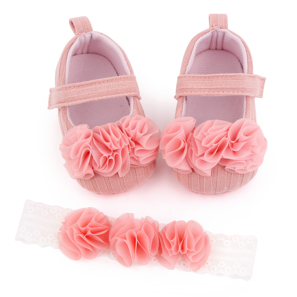 Princess Shoes for Baby Cute Headdress Flower Suit Soft Bottom Toddler Shoes Baby Shoes Headband Hair Band 2-Piece Set