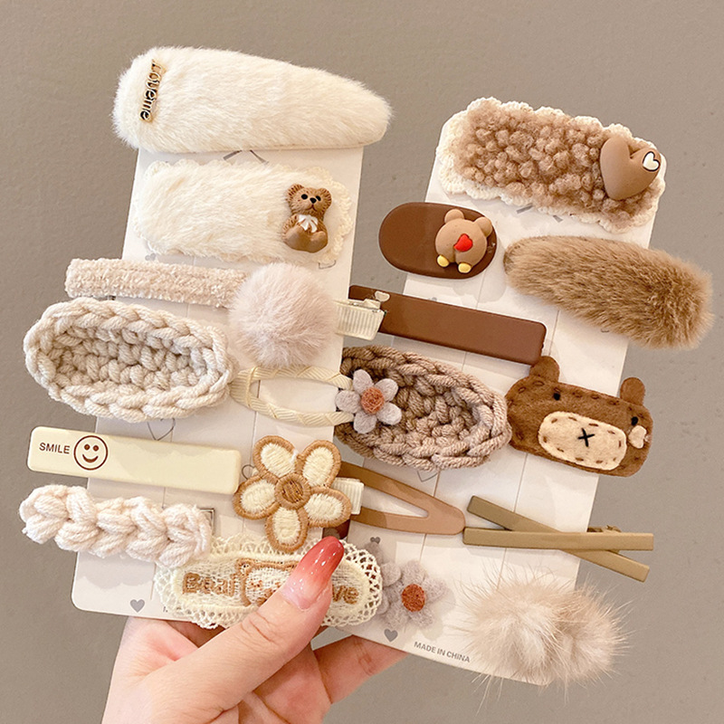 Plush Barrettes Autumn and Winter Coffee Color Hairpin Female Clip Hairware Side Bangs Internet Celebrity Cute Japanese Style Clip Word Clip