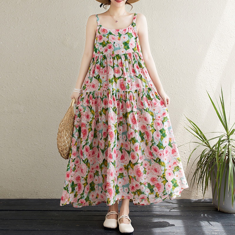 2024夏季新款棉麻印花薄款拼接长裙连衣裙吊带宽松显瘦大摆蛋糕裙