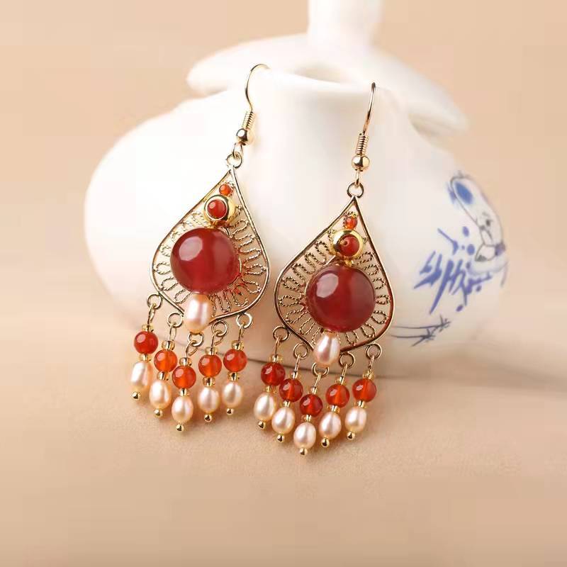 民族风饰品耳坠红色2024高级感复古典耳饰民族风新娘红玛瑙耳环