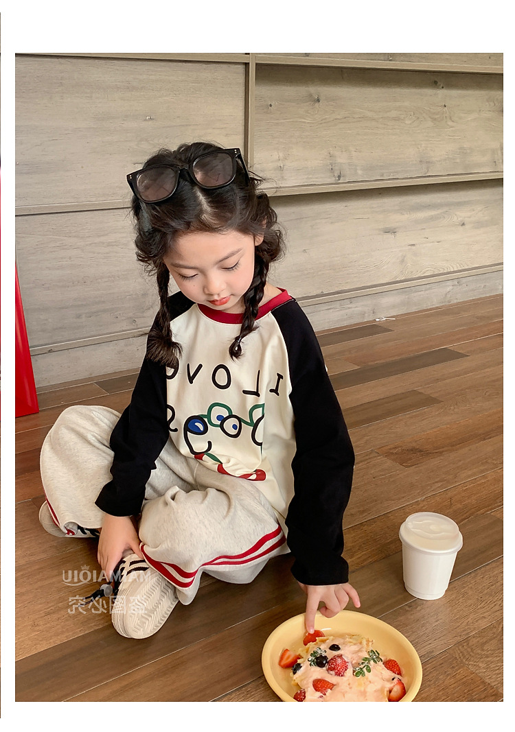 童装儿童韩系卡通印花T恤2024秋季新款女童宽松撞色插肩袖上衣潮详情8