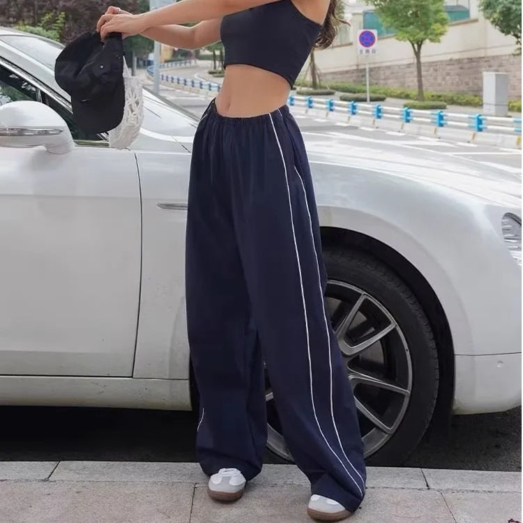 Street Hot Girl Trousers Drawstring Design Stripes Quick-Dry Pants Summer Fashion Women's Pants New Loose Casual Mopping Pants