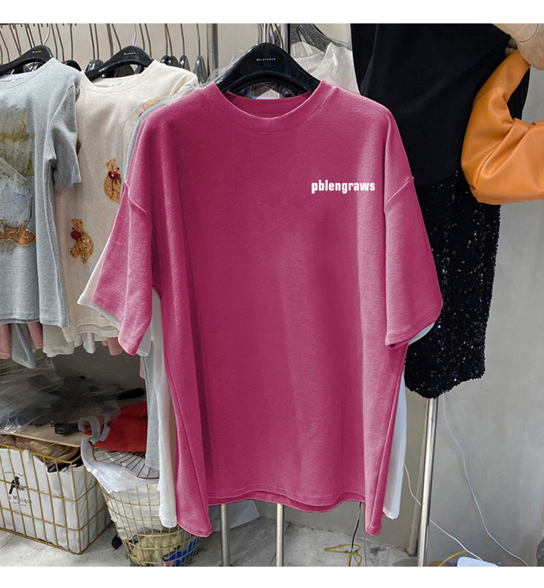 短袖t恤女夏季宽松2021年新款百搭洋气圆领字母中长款打底衫上衣