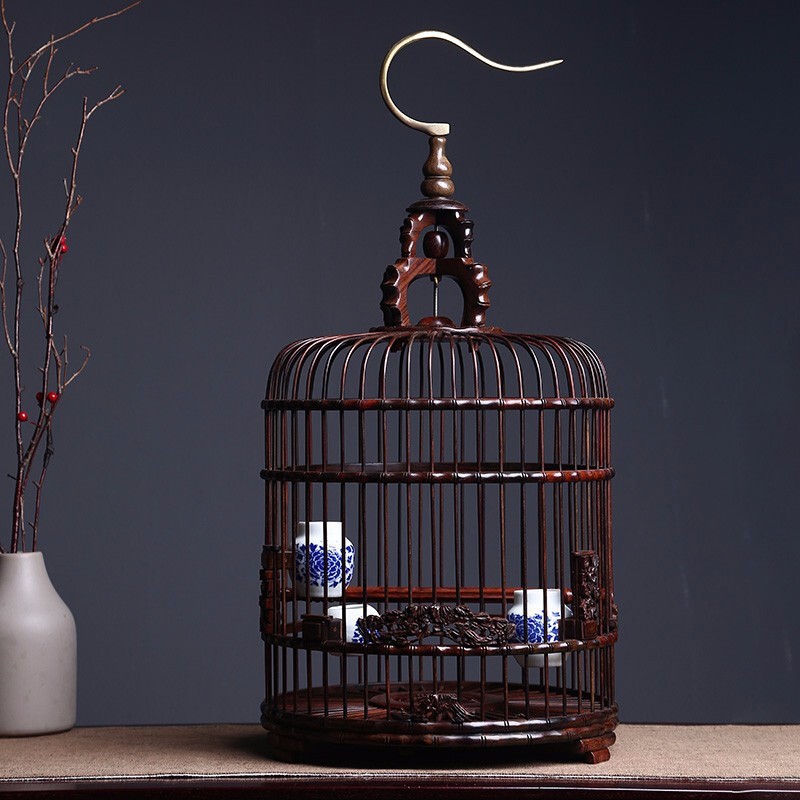 花花老挝大红酸枝鸟笼大号鹦鹉八哥画眉红木鸟笼子木雕摆件手工品