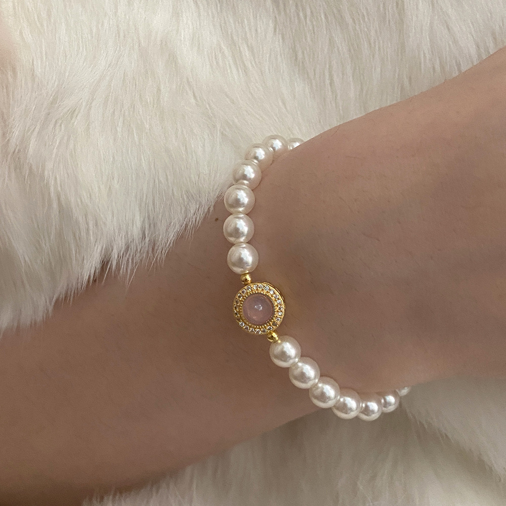 简约气质新中式粉玉髓小众珍珠手链925纯银复古韩版时尚手串女