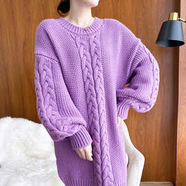 秋冬季节女手工编织羊毛粗毛线长款毛衣女加厚宽松羊绒针织衫圆领