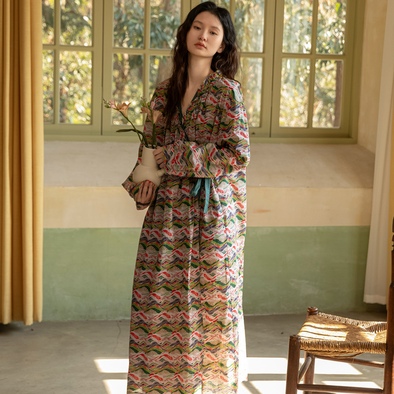 lm竹节棉国风宽松系带女睡袍浴袍春夏纯棉睡衣裙中式家居服加长袍