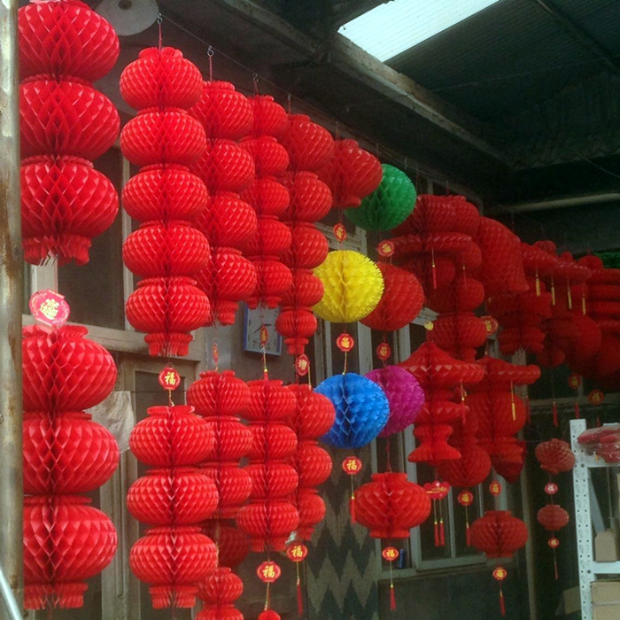 连串纸灯笼三连串塑料纸蜂窝小灯笼婚庆新年春节节日大红灯笼挂饰