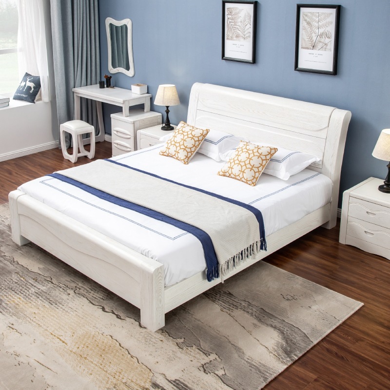 全实木床白色橡木现代床2米x2米大床主卧简约高档1.8米双人床储物