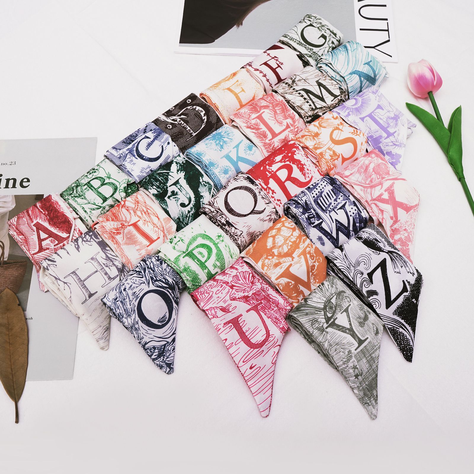 High-End All-Match Long Silk Scarf Hair Band Bow 26 Letters Floral Ribbon Tied Bag Hand Gift Silk Scarf