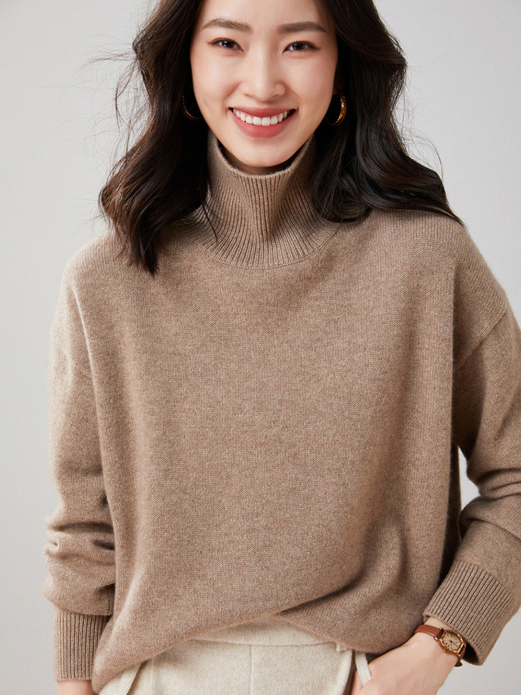 明星王菲同款100%纯羊绒衫女高领套头针织毛衣宽松长袖加厚山羊绒