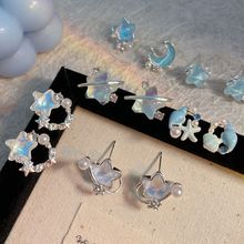 新款蓝色海洋五角星月耳钉甜美锆石耳环女小众设计感星空少女耳饰