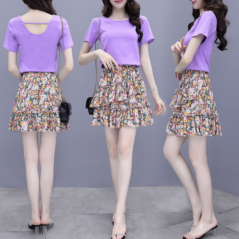 单/套装紫色碎花半身裙雪纺短裙小清新矮个子气质夏两件套甜美女