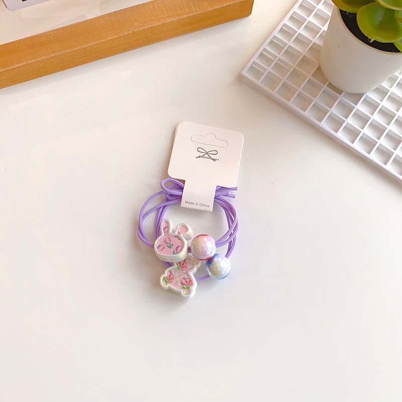 Korean Hair Accessories Cartoon Rabbit Bear Printed Beaded Cute Girls Rubber Band High Elastic Knotted Head Rope Hair Ring