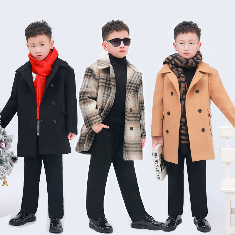 秋冬季新款韩版男童格子羊毛呢大衣中大童加厚呢子外套中长款上衣