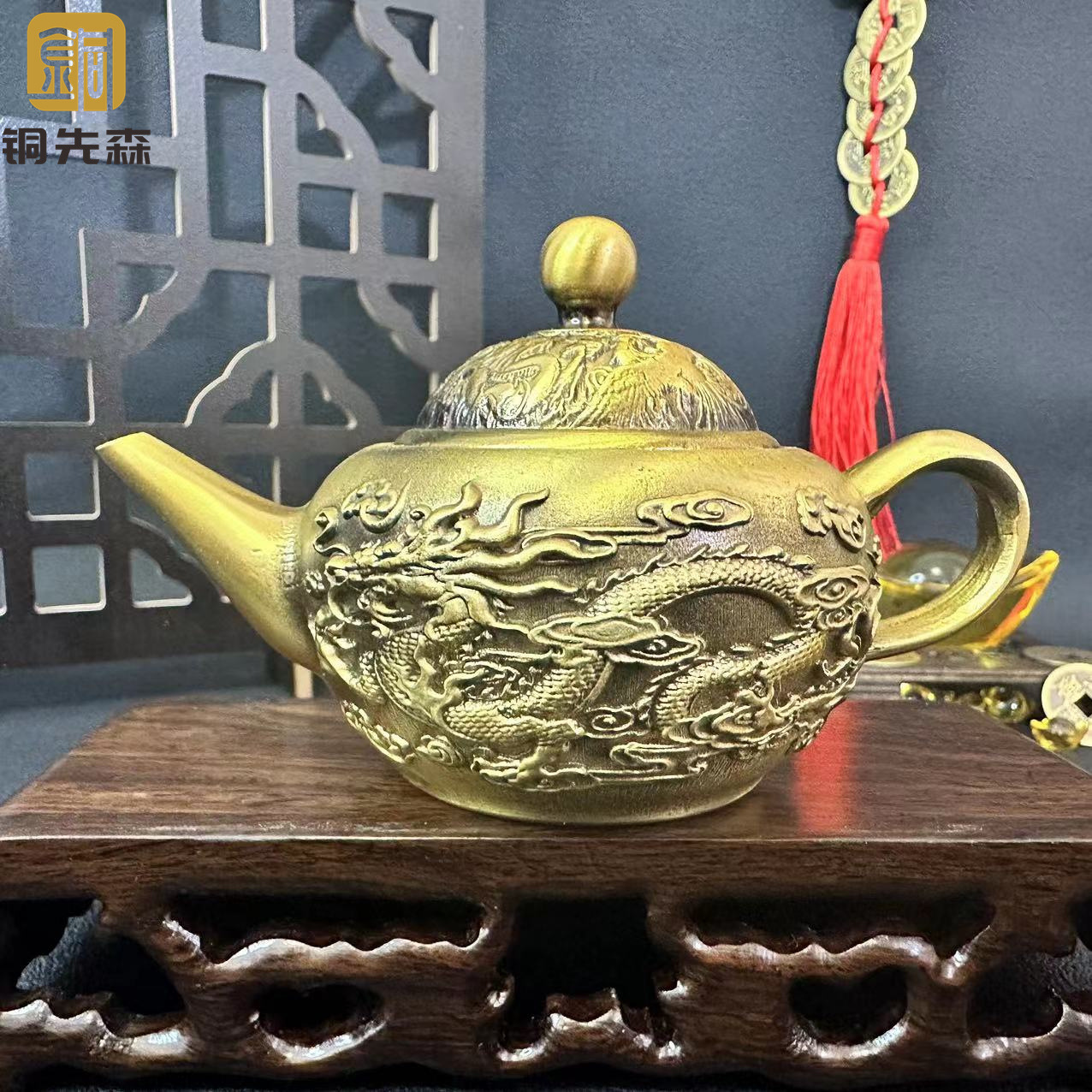 黄铜龙凤壶中式仿古双龙壶工艺品摆件纯黄铜茶壶家居办公室桌面