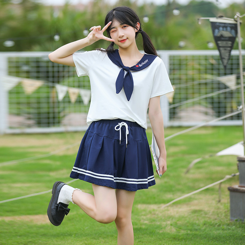 实拍2022夏季新款学生两件套学院风时尚装t恤休闲百褶短裙女