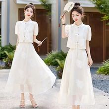 新中式改良旗袍国风套装女2024夏季新款刺绣汉服衬衣半身裙两件套