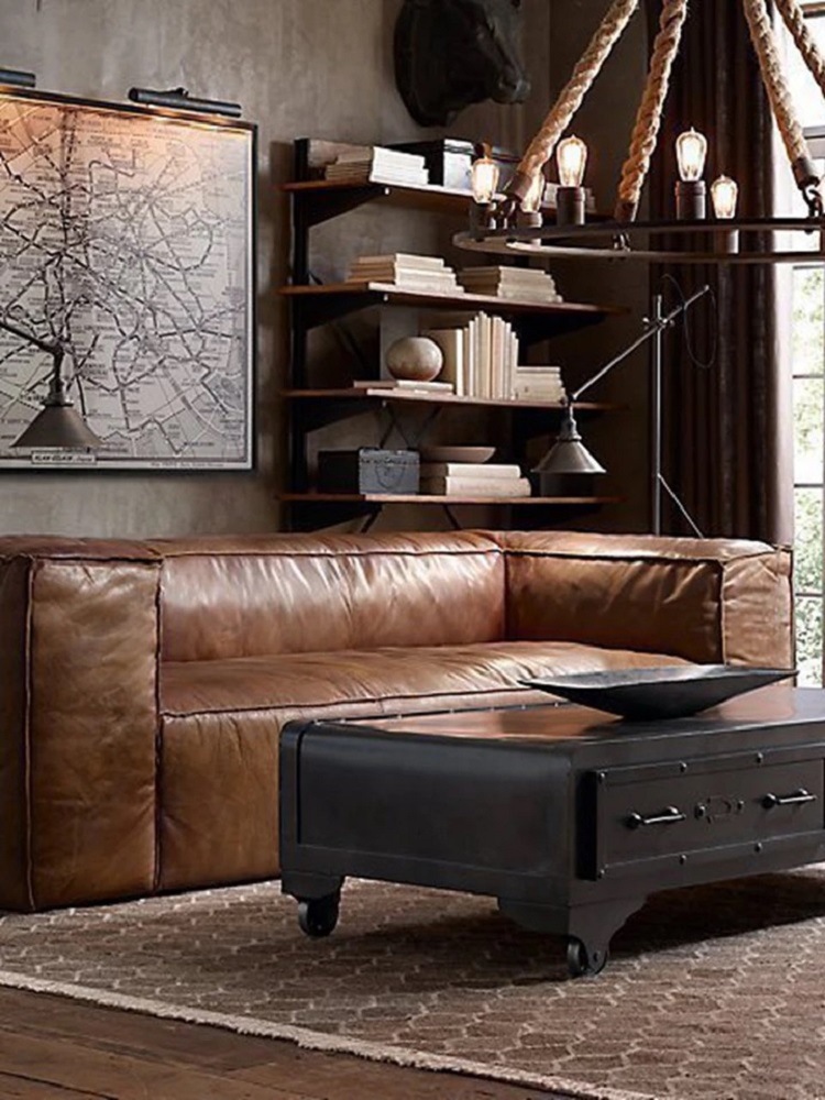 美式乡村北欧复古客厅小户型loft酒吧三人四人直排工业风皮艺沙发