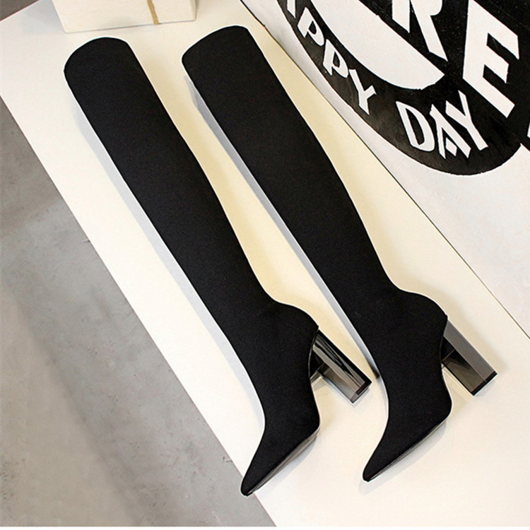 大码过膝靴女显瘦2021秋冬新款粗跟袜靴网红靴子瘦瘦弹力尖头长靴