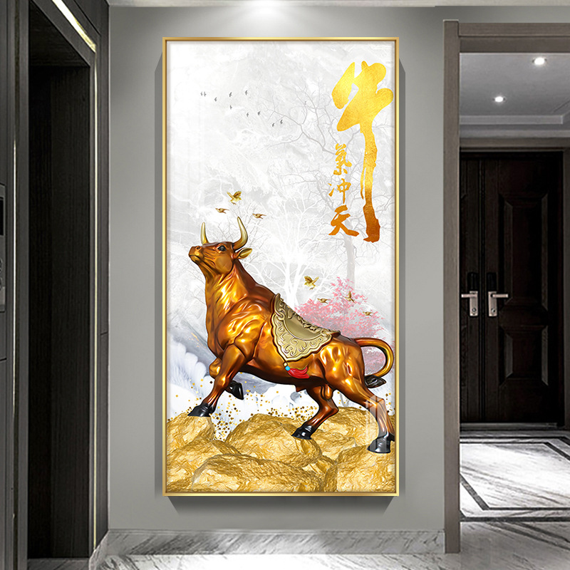 批发牛转乾坤入户进门引福运挂画轻奢晶瓷画中式金牛气冲天玄关装