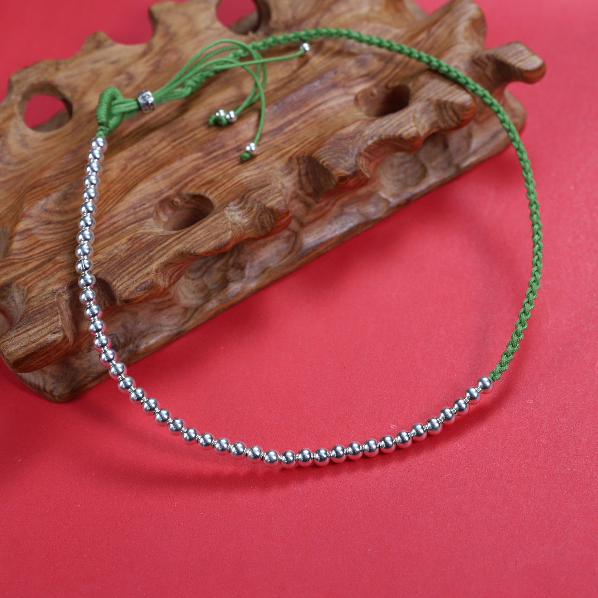 925纯银红绳手链新年手绳青色银珠编织转运银饰-阿里巴巴