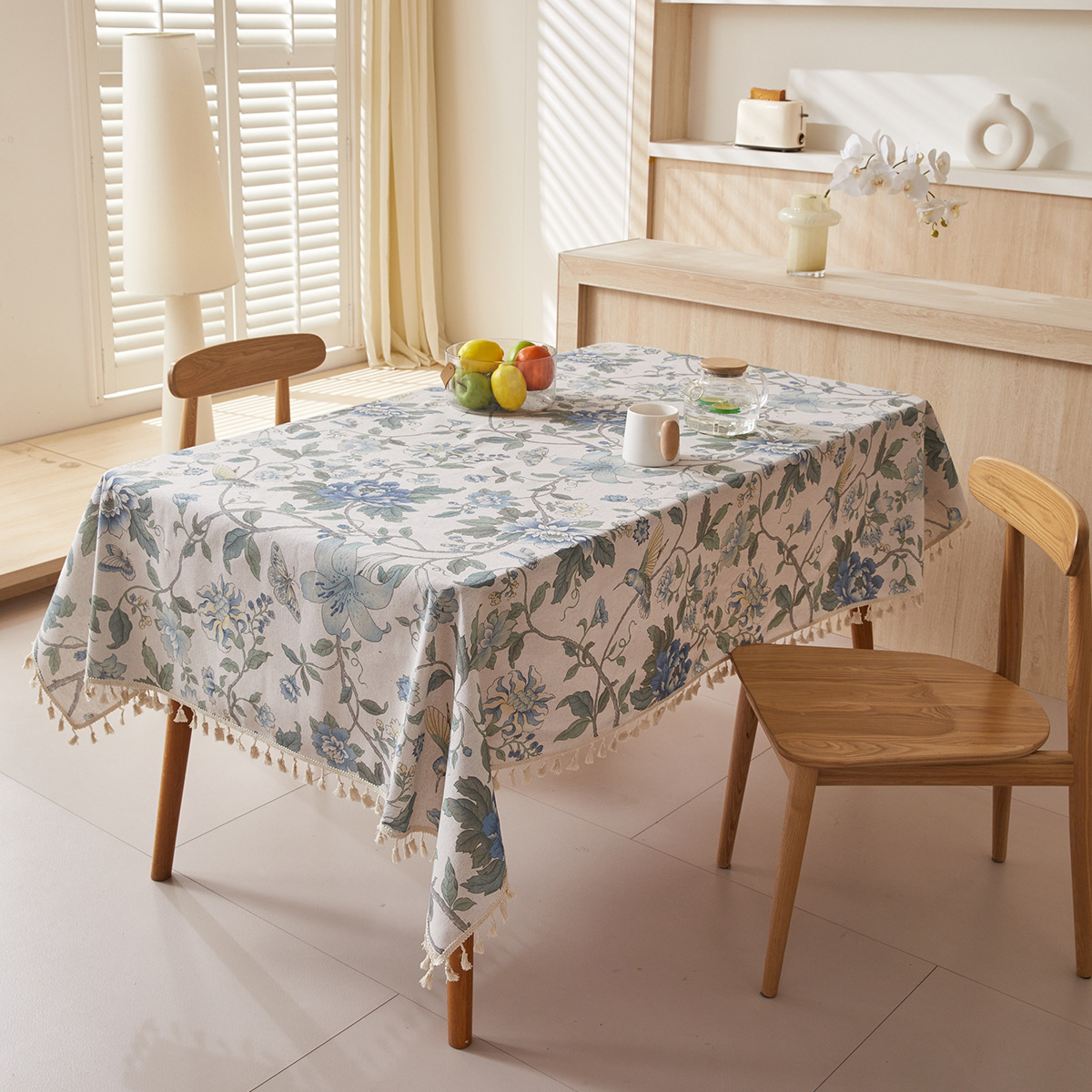 tablecloth small fresh pastoral style printed blue flower table cloth restaurant kitchen dustproof fabric craft tassel tablecloth