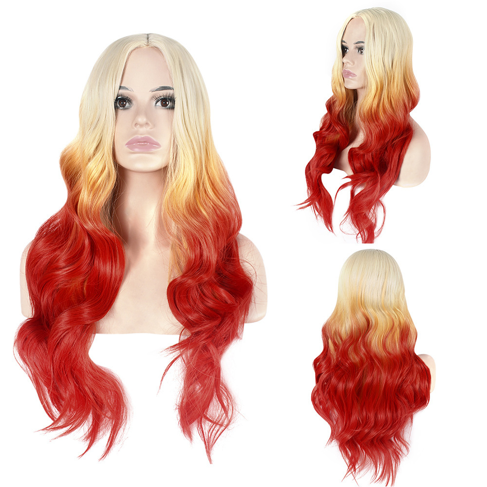外贸欧美金色渐变色红色染色卷发长发头发 cosplay假发全头套厂家