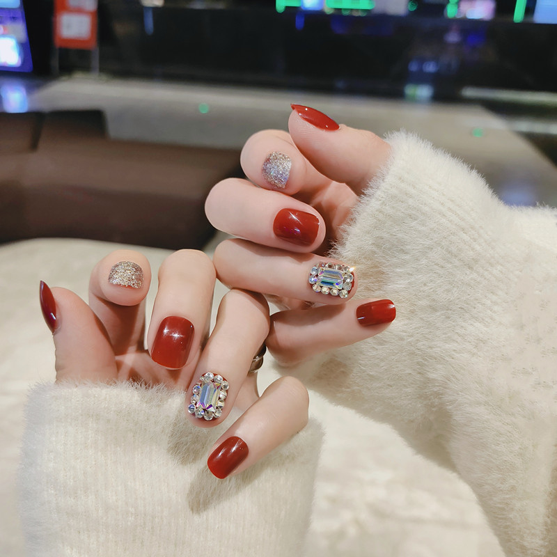 b179金钻闪耀假指甲贴片美甲成品穿戴美甲满钻新年新娘短款红色